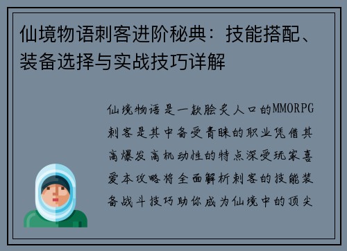 仙境物语刺客进阶秘典：技能搭配、装备选择与实战技巧详解