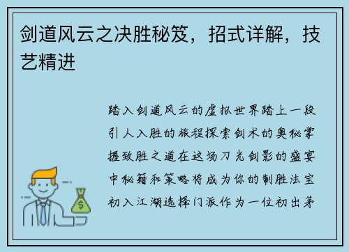 剑道风云之决胜秘笈，招式详解，技艺精进