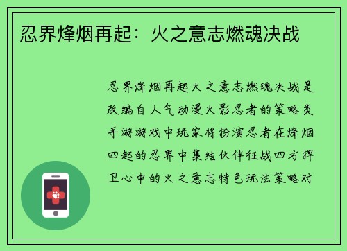 忍界烽烟再起：火之意志燃魂决战