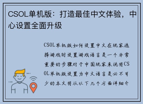 CSOL单机版：打造最佳中文体验，中心设置全面升级