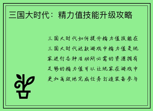 三国大时代：精力值技能升级攻略